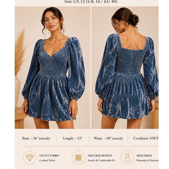 Free People Dresses & Skirts - Free People Blue Velvet Smocked Mini Dress OB12138008 Size M NWT